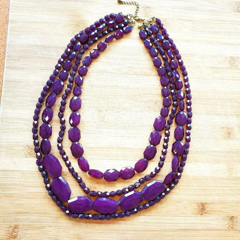 Purple Multi-Strand Bead Necklace, Plastic Crystal Chunky Colorful, Retro 80s
